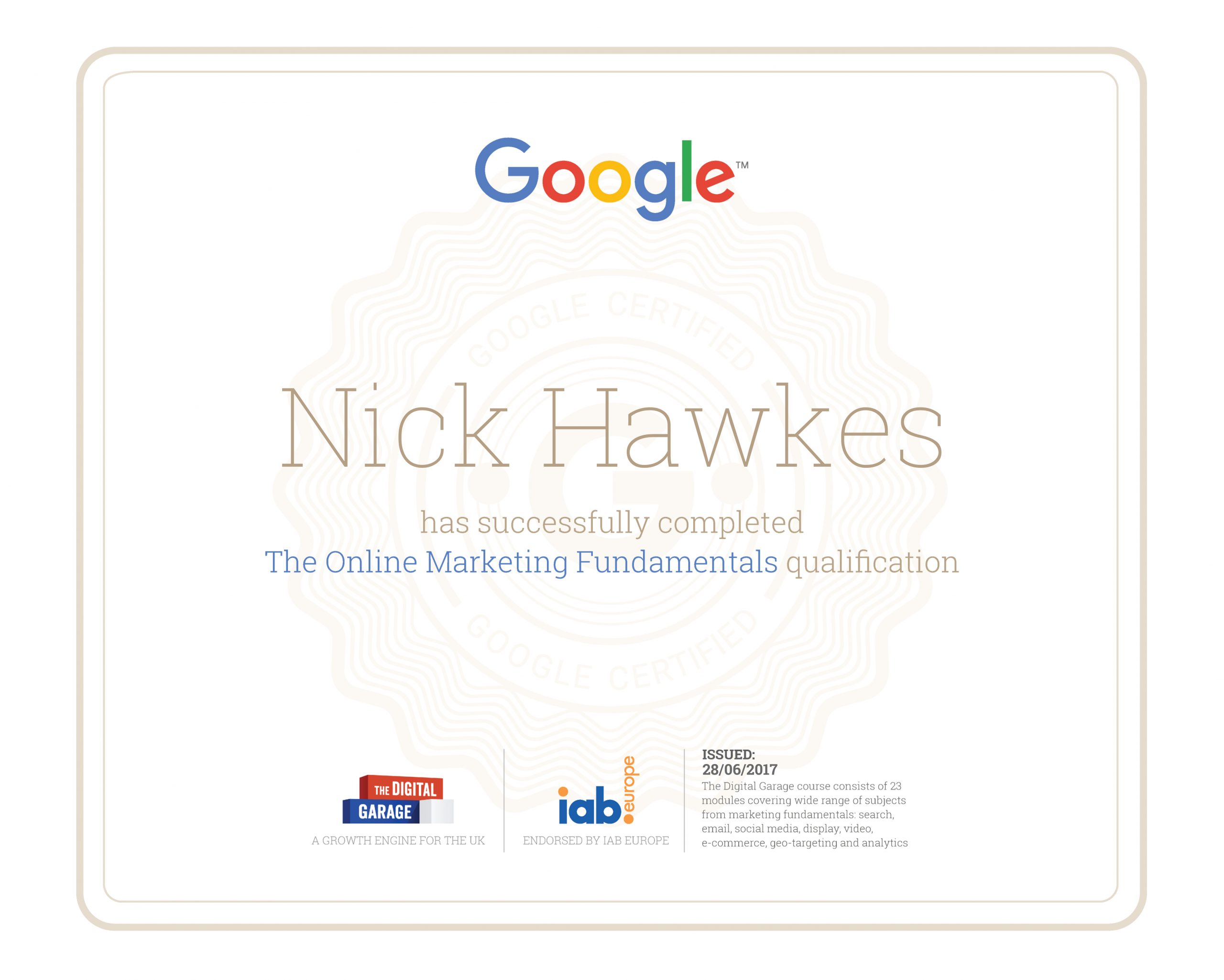 The Online Marketing Fundamentals - Google qualification certificate